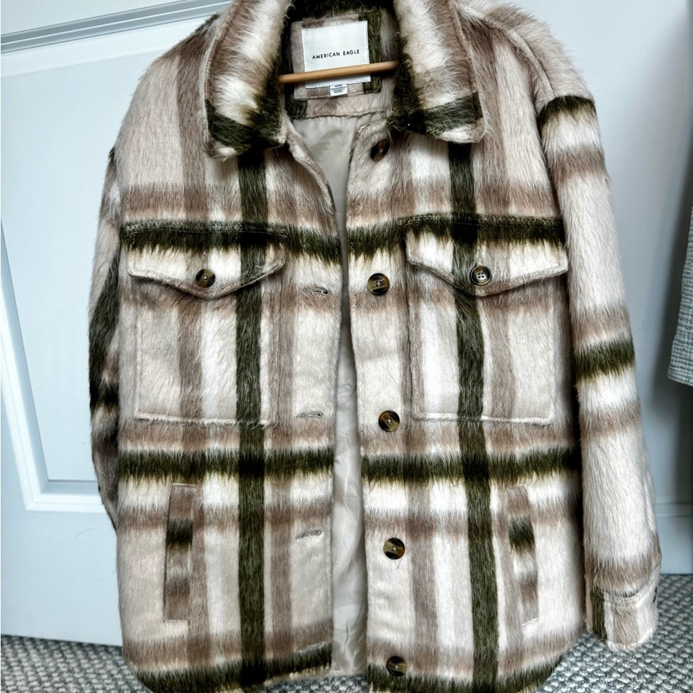 American Eagle Plaid Shag Coat - Neutral Plaid